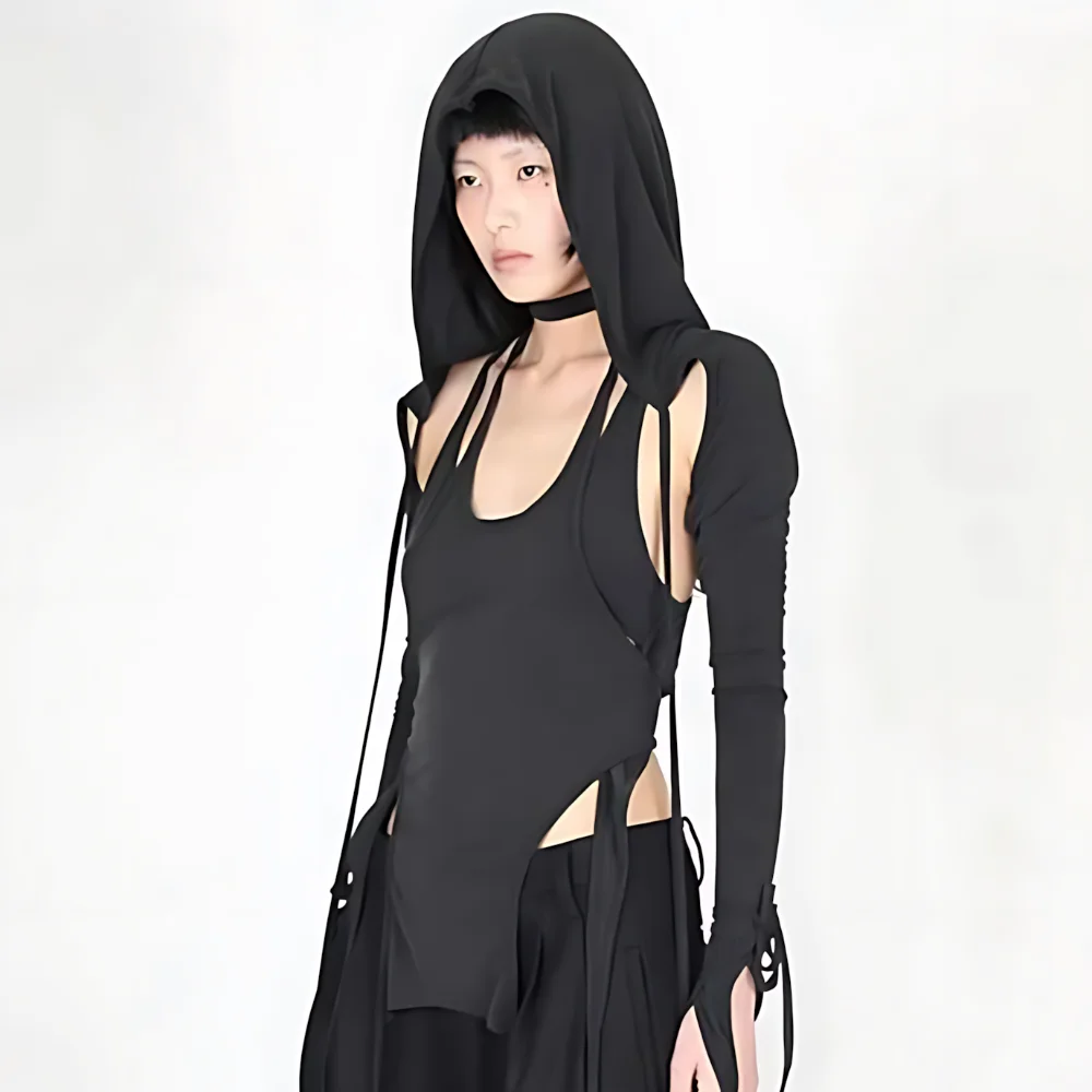 New T-shirt European and American spicy girl solid color hooded slim fit long sleeved hollow top Gothic aesthetic irregular top