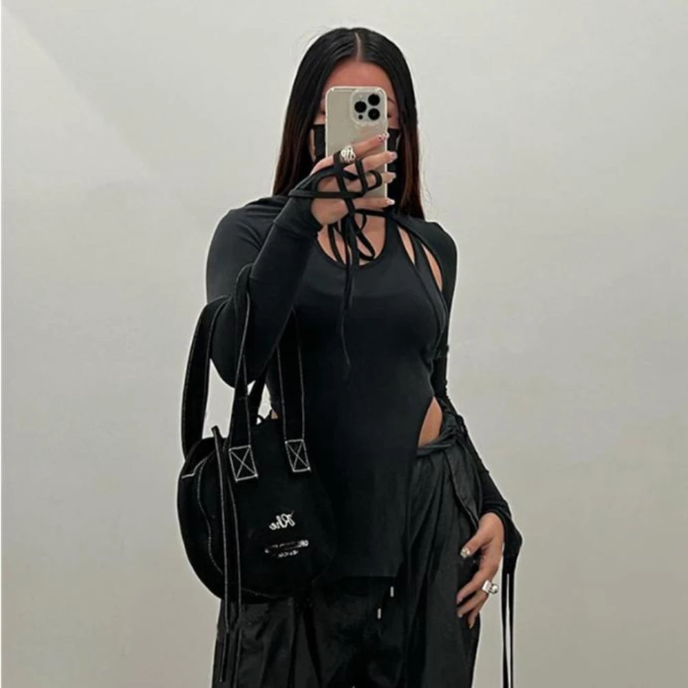 New T-shirt European and American spicy girl solid color hooded slim fit long sleeved hollow top Gothic aesthetic irregular top - Image 5