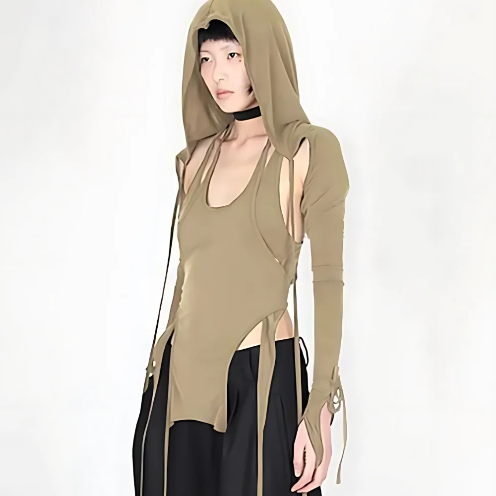 New T-shirt European and American spicy girl solid color hooded slim fit long sleeved hollow top Gothic aesthetic irregular top - Image 3