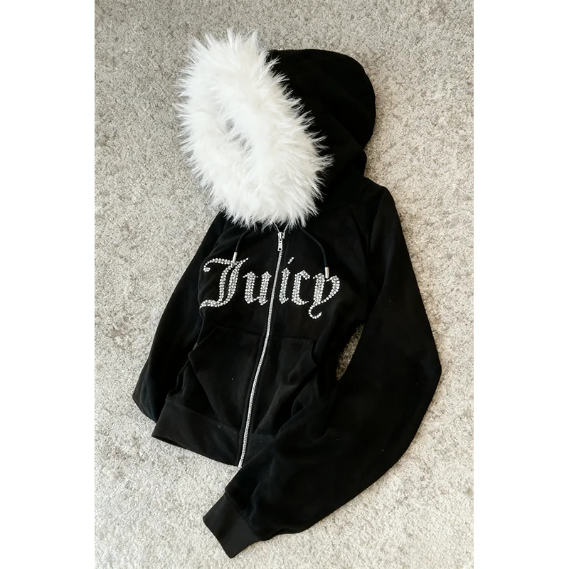 Subculture Y2K new fur collar cardigan sweatshirt zipper jacket European and American letter hot stamping retro sweatshirt jacke - Image 3