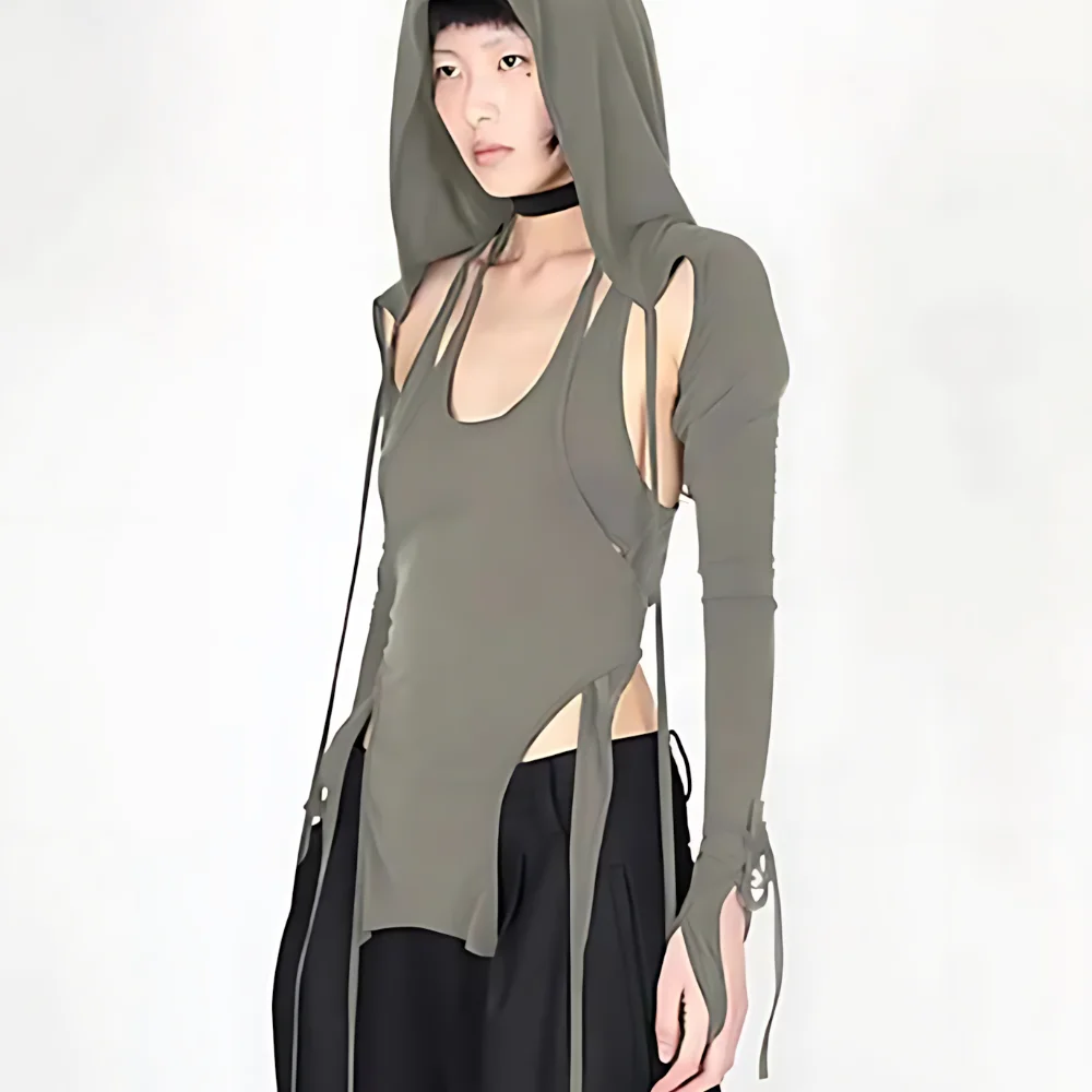 New T-shirt European and American spicy girl solid color hooded slim fit long sleeved hollow top Gothic aesthetic irregular top - Image 2