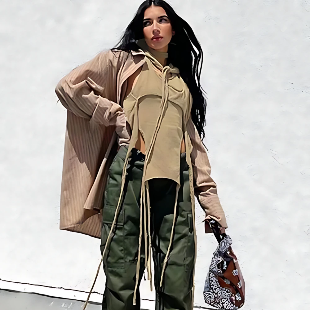 New T-shirt European and American spicy girl solid color hooded slim fit long sleeved hollow top Gothic aesthetic irregular top - Image 6