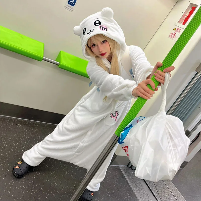 Kawaii Chiikawa Usagi Hachiware Plush Piece Pajamas Anime Cute Flannel Homewear Autumn Winter Girls Student Cartoon Nightwear - Image 3