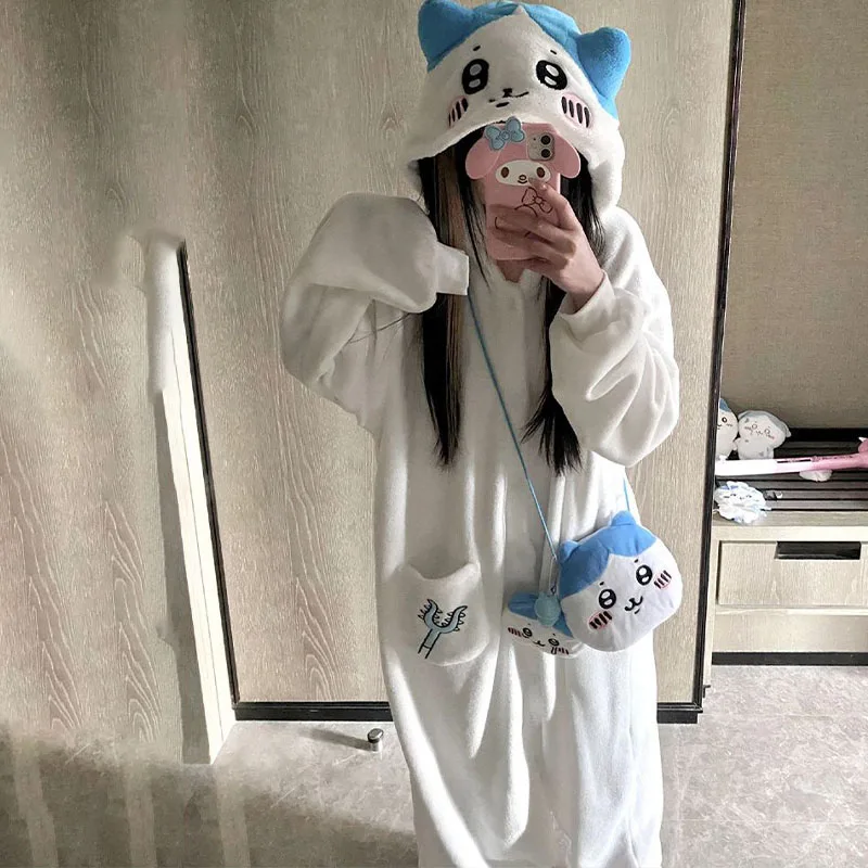 Kawaii Chiikawa Usagi Hachiware Plush Piece Pajamas Anime Cute Flannel Homewear Autumn Winter Girls Student Cartoon Nightwear - Image 2