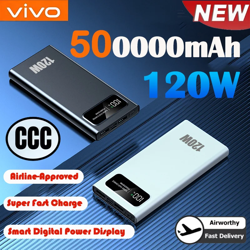 VIVO New Large Capacity 500000mAh PowerBank 120W Fast Charging Portable External Battery Power Bank For iPhone Samsung Huawei