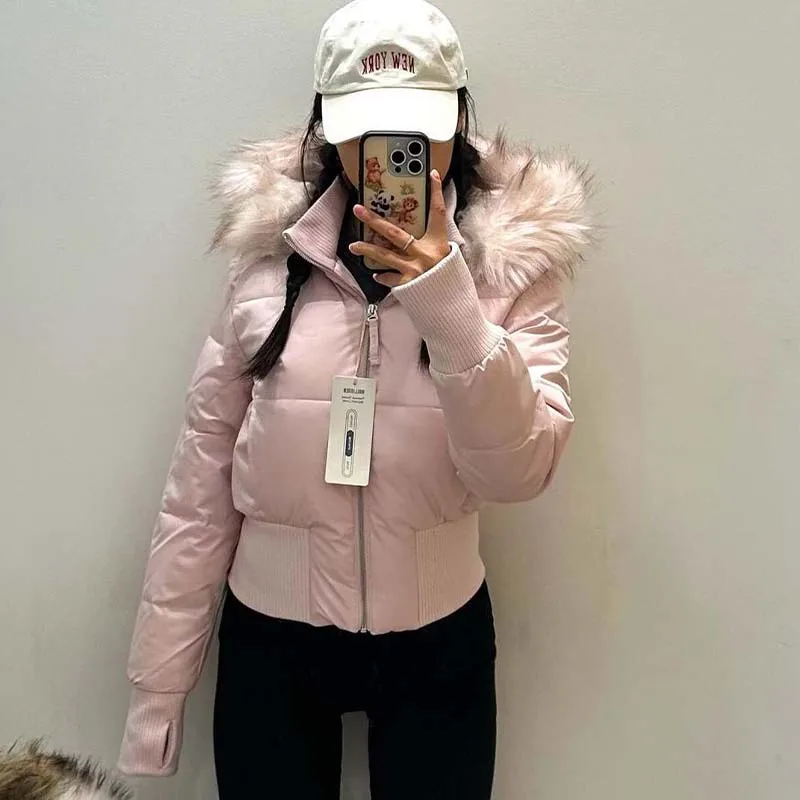 Fashion Women's Cotton Jacket Fur Collar Zipper Slim Waist Pocket Warm Thicken Coat Autumn Winter Hooded Jacket Lady Outwears - Image 3