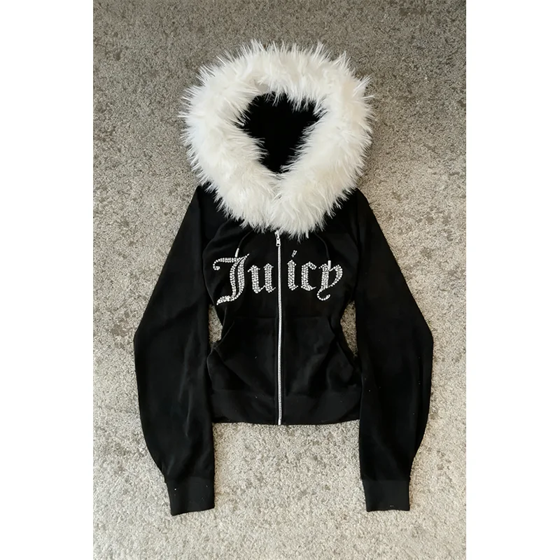 Subculture Y2K new fur collar cardigan sweatshirt zipper jacket European and American letter hot stamping retro sweatshirt jacke