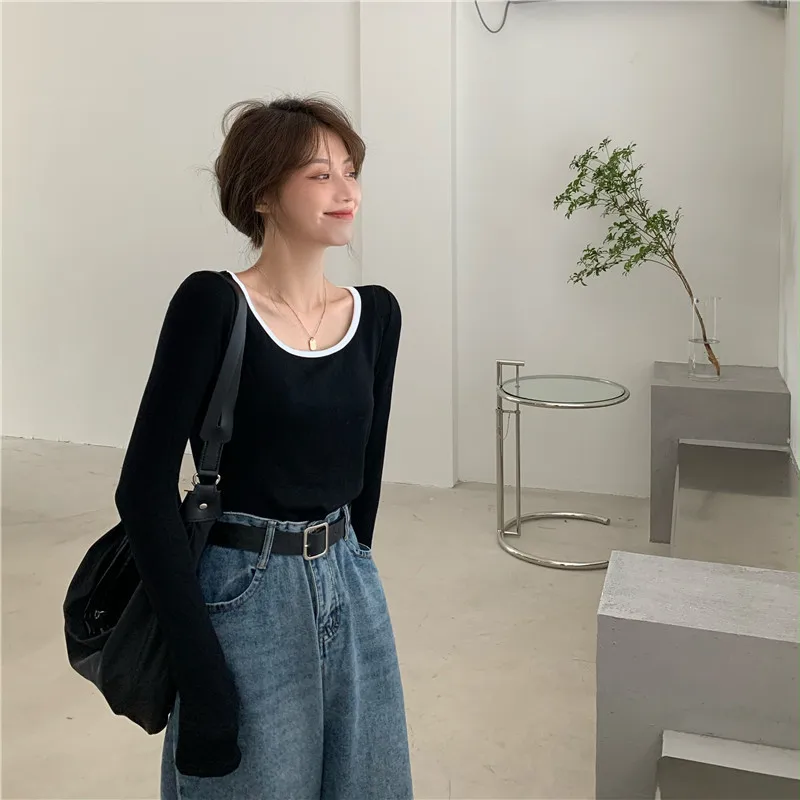 Early Autumn New Slim Long-sleeved T-shirt Women's Inner Collarbone Bottoming Shirt Short Top Trendy