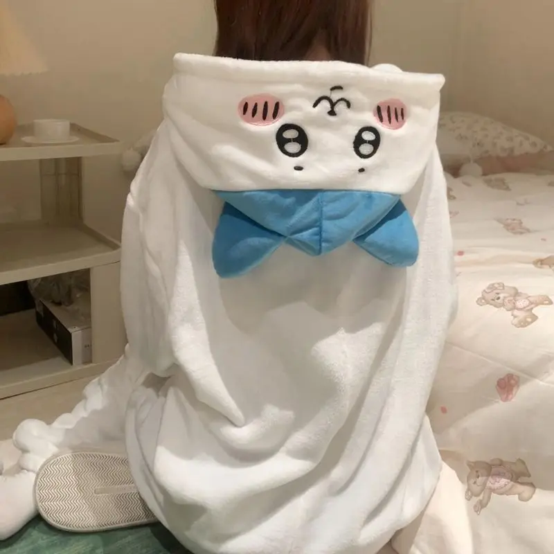 Kawaii Chiikawa Usagi Hachiware Plush Piece Pajamas Anime Cute Flannel Homewear Autumn Winter Girls Student Cartoon Nightwear - Image 5