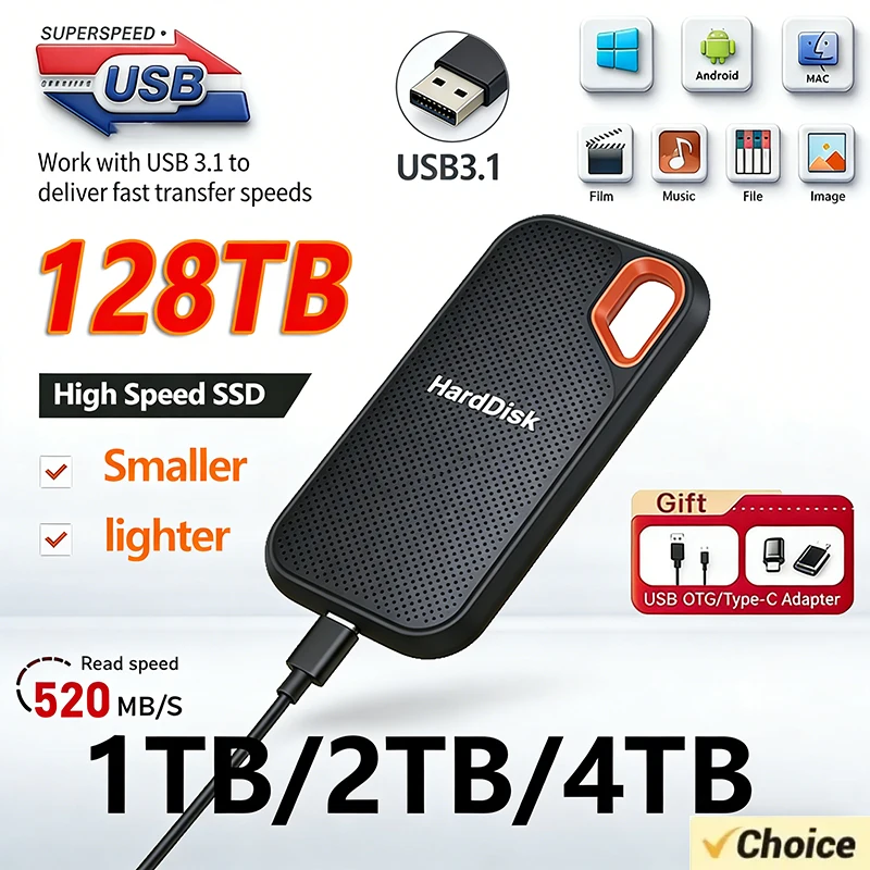 1TB High-quali External Hard Drive Portable Hard Disk 2TB Original SSD USB3.1 Solid Disk 128TB Storage Device for Windows/Mac