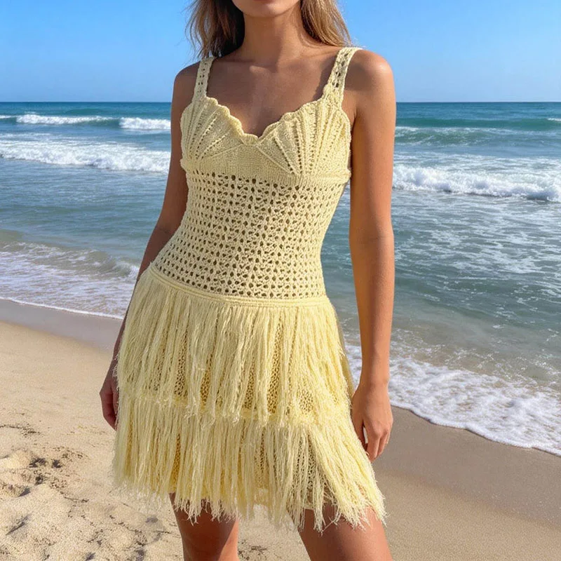 Tassel Splicing Sleeveless Beach Dress 2026 Sexy Backless Lace Up Women's Mini Dress Yellow Hollow Suspender Knitted Short Dress