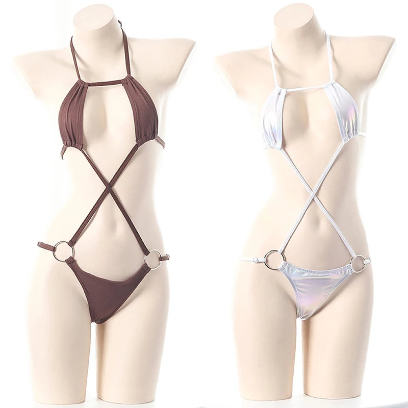 Anime Girl Summer Beach Cute Laser Bikini Solid Color Swimsuit Tight Hollow Women Three Point Underwear Set Costume Cosplay